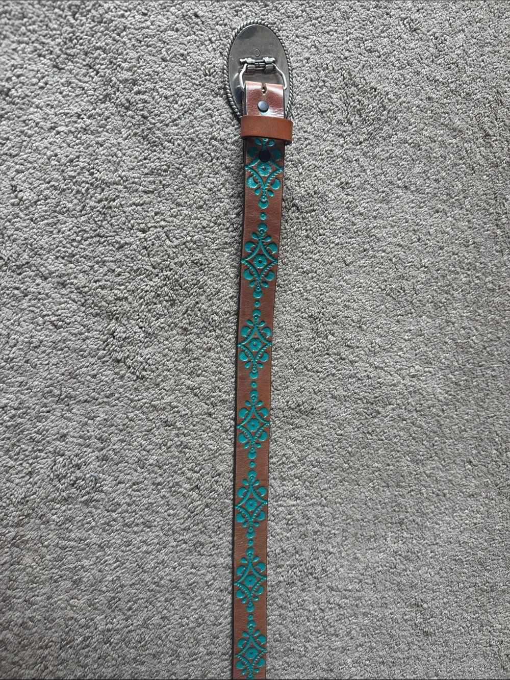 Justin Boots Brown Leather Belt with Turquoise Floral Stitching and Heart Buckle